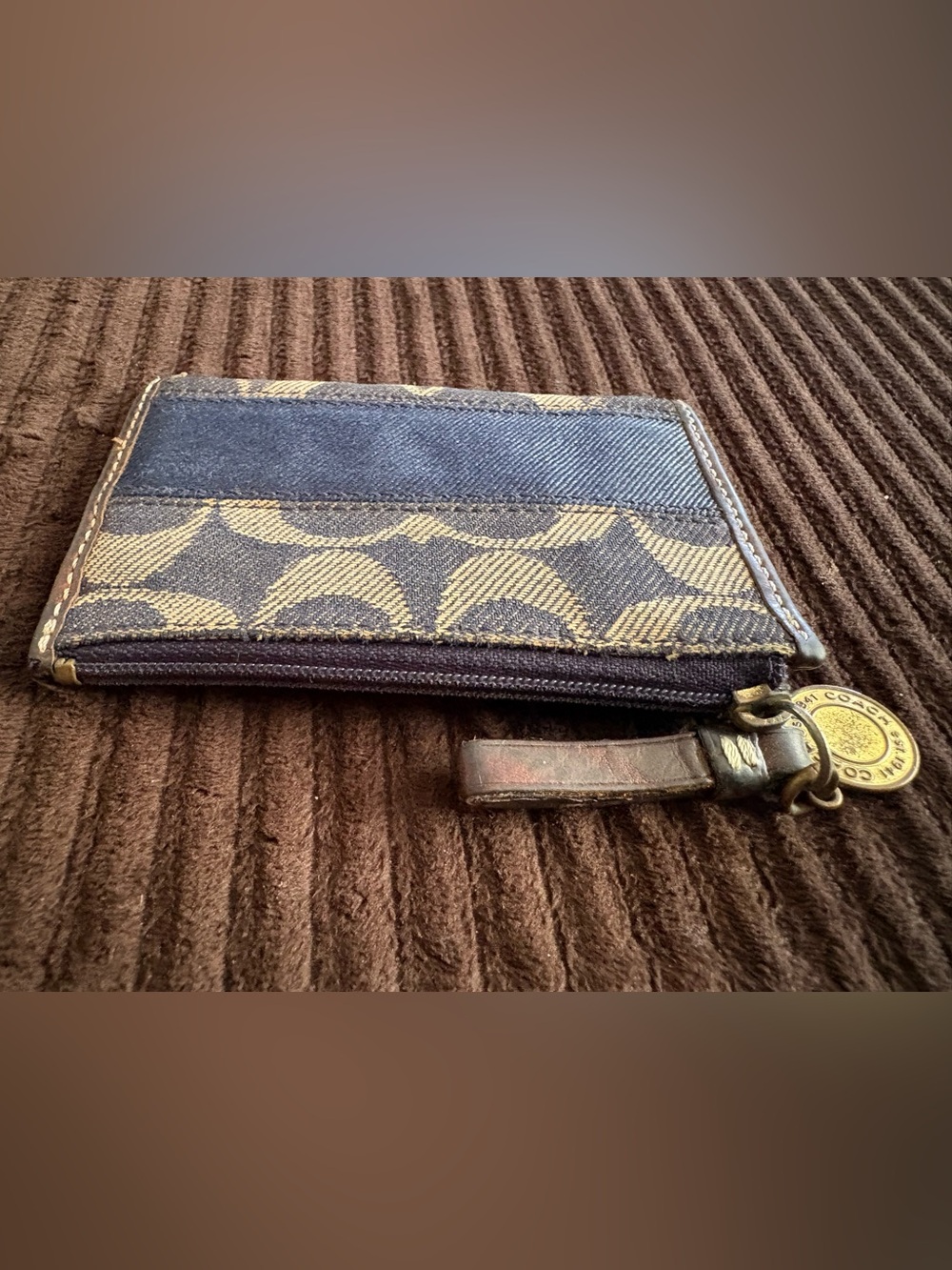 Coach Signature Canvas Keychain Coin Purse Navy & Tan - Picture 3 of 7